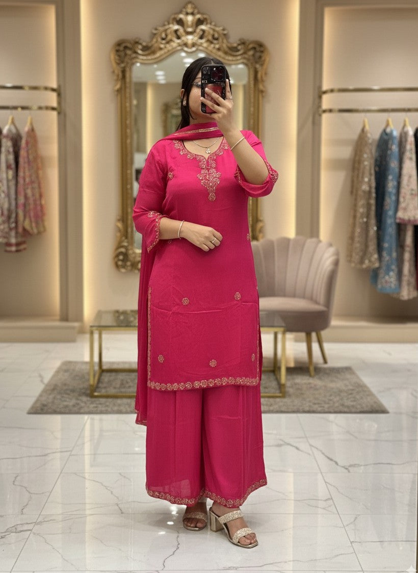 Hot Pink Handwork Pure Chinnon 3pc Dress with Lining & Embroidered Full Flared Divider with Designer Handwork Sleeves and Full Pure Chinnon Dupatta