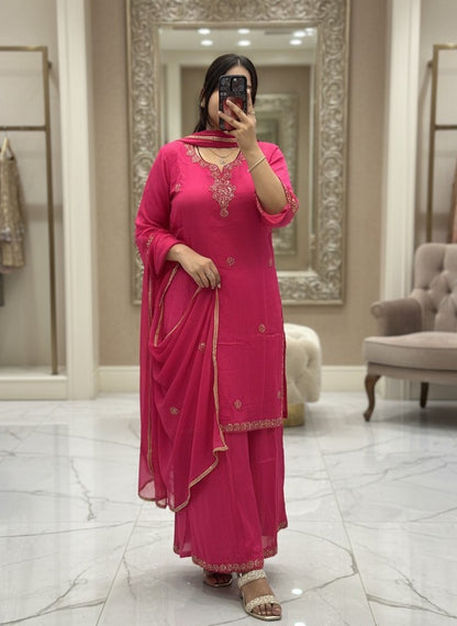 Hot Pink Handwork Pure Chinnon 3pc Dress with Lining & Embroidered Full Flared Divider with Designer Handwork Sleeves and Full Pure Chinnon Dupatta