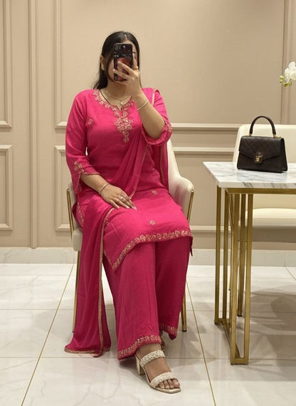 Hot Pink Handwork Pure Chinnon 3pc Dress with Lining & Embroidered Full Flared Divider with Designer Handwork Sleeves and Full Pure Chinnon Dupatta