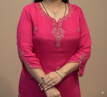 Hot Pink Handwork Pure Chinnon 3pc Dress with Lining & Embroidered Full Flared Divider with Designer Handwork Sleeves and Full Pure Chinnon Dupatta