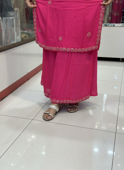 Hot Pink Handwork Pure Chinnon 3pc Dress with Lining & Embroidered Full Flared Divider with Designer Handwork Sleeves and Full Pure Chinnon Dupatta