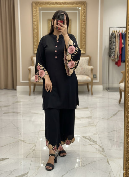 Black Ryon Cotton Coord Set with Designer Embroidered Sleeves & Embroidered Plazo