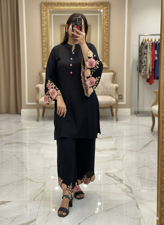 Black Ryon Cotton Coord Set with Designer Embroidered Sleeves & Embroidered Plazo