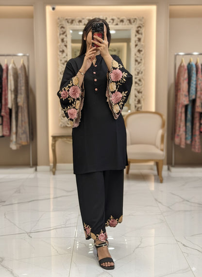 Black Ryon Cotton Coord Set with Designer Embroidered Sleeves & Embroidered Plazo