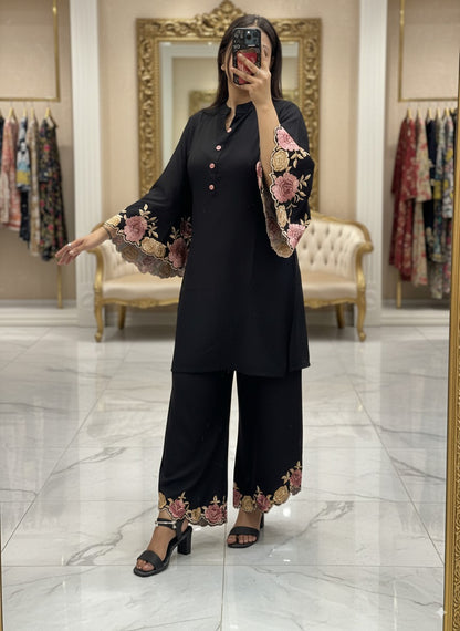 Black Ryon Cotton Coord Set with Designer Embroidered Sleeves & Embroidered Plazo
