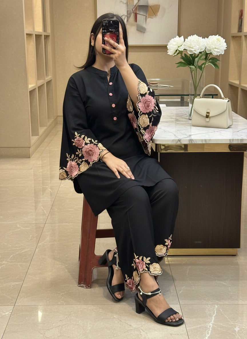Black Ryon Cotton Coord Set with Designer Embroidered Sleeves & Embroidered Plazo