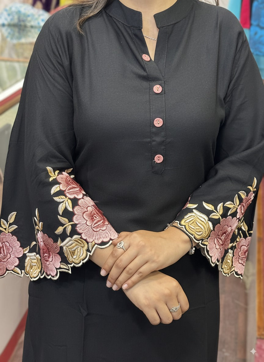 Black Ryon Cotton Coord Set with Designer Embroidered Sleeves & Embroidered Plazo