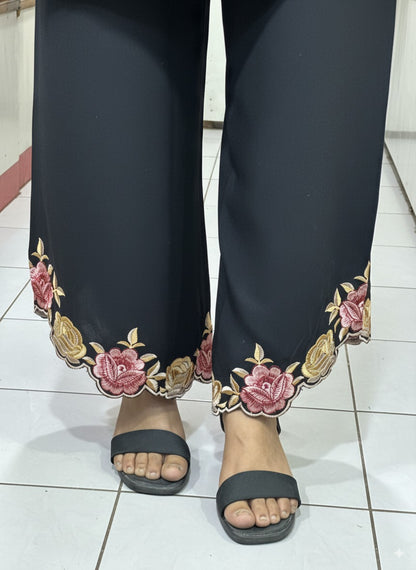Black Ryon Cotton Coord Set with Designer Embroidered Sleeves & Embroidered Plazo