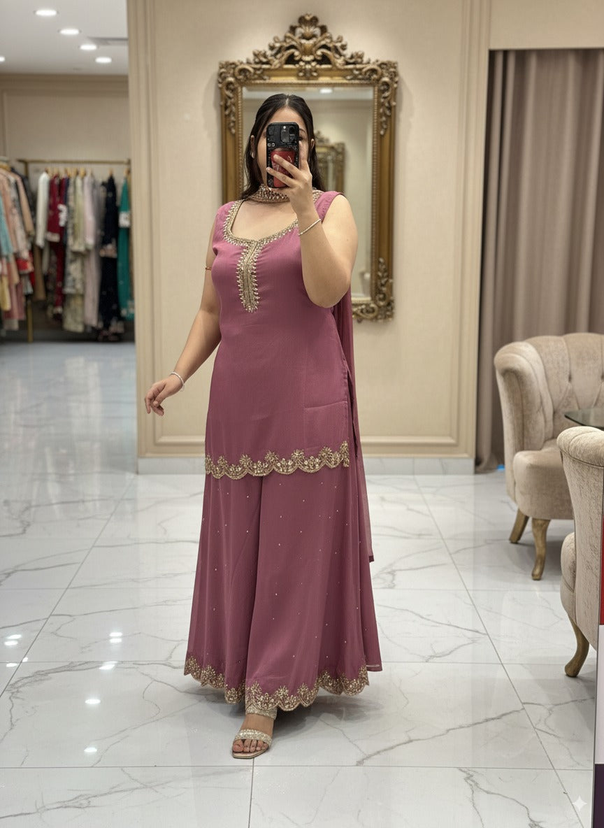 Pure Chinnon Embroidered Short Kurti Dress designs for Women with Lining & Embroidered Full Flared Divider with Strap Embroidered Dupatta