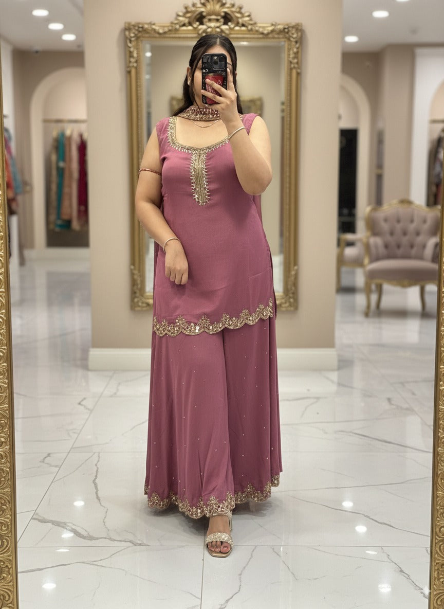 Pure Chinnon Embroidered Short Kurti Dress designs for Women with Lining & Embroidered Full Flared Divider with Strap Embroidered Dupatta