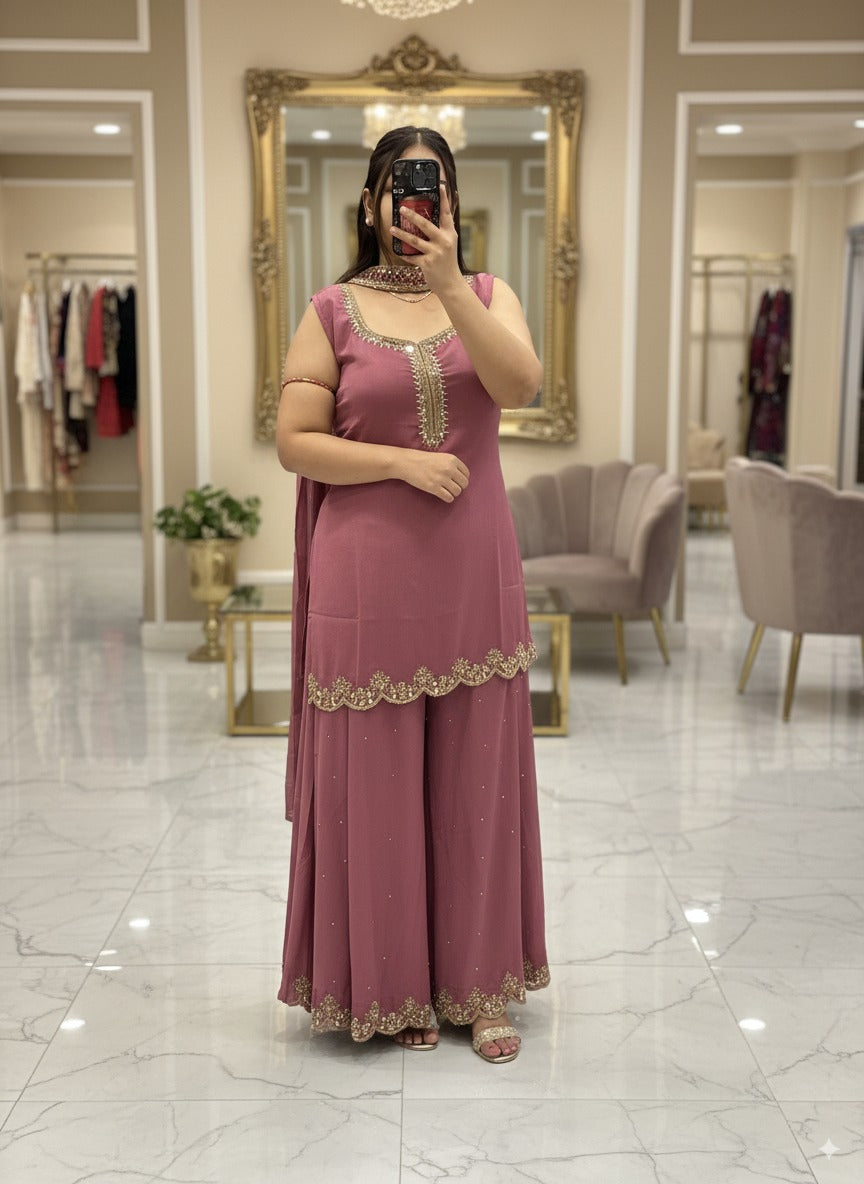 Pure Chinnon Embroidered Short Kurti Dress designs for Women with Lining & Embroidered Full Flared Divider with Strap Embroidered Dupatta
