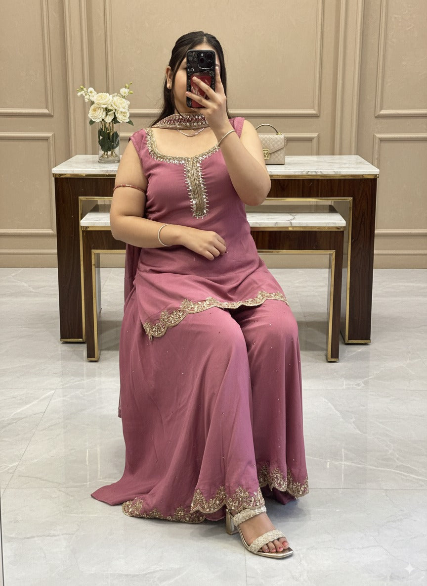Pure Chinnon Embroidered Short Kurti Dress designs for Women with Lining & Embroidered Full Flared Divider with Strap Embroidered Dupatta