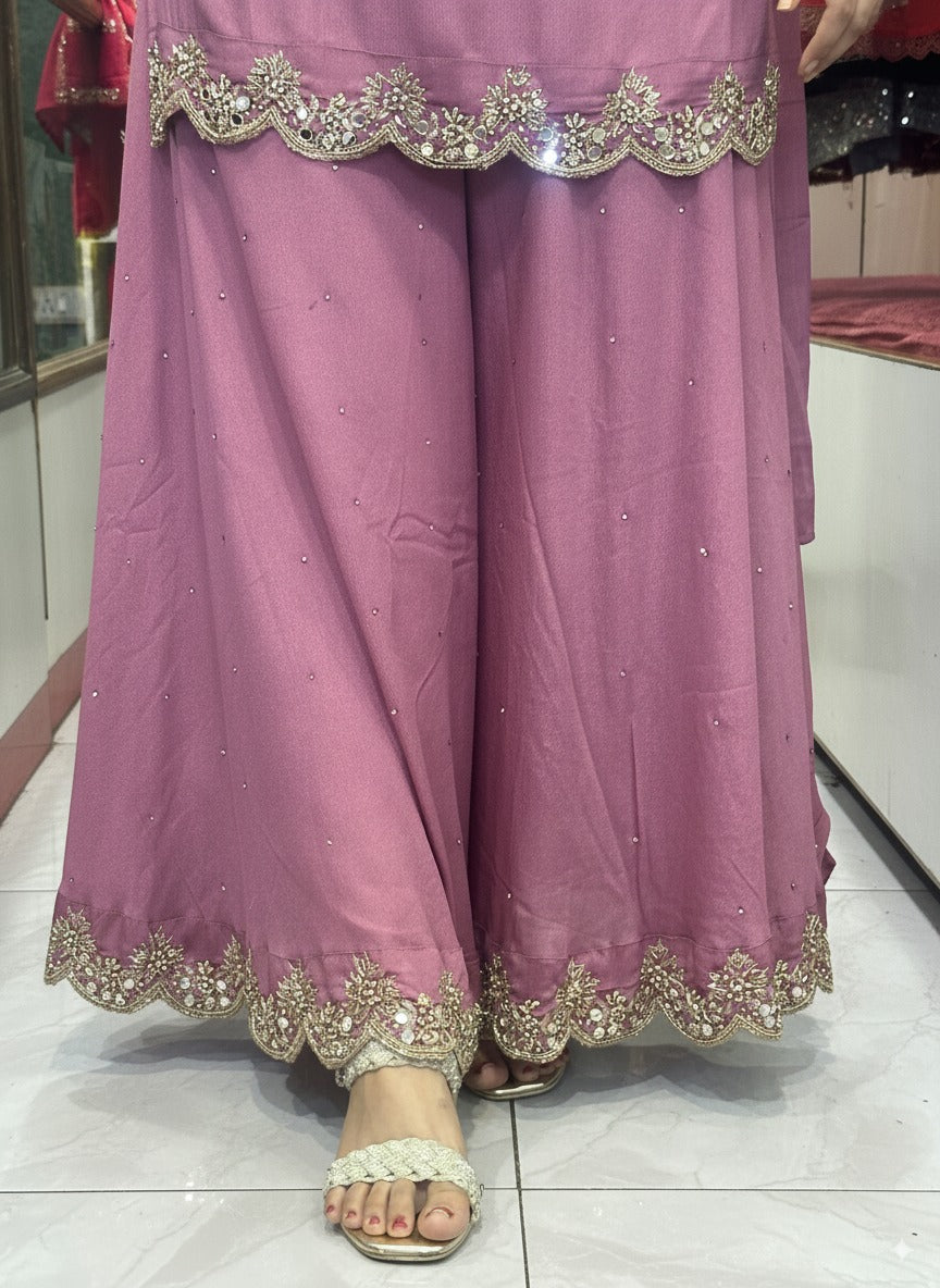Pure Chinnon Embroidered Short Kurti Dress designs for Women with Lining & Embroidered Full Flared Divider with Strap Embroidered Dupatta