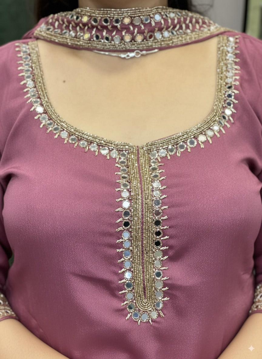 Pure Chinnon Embroidered Short Kurti Dress designs for Women with Lining & Embroidered Full Flared Divider with Strap Embroidered Dupatta