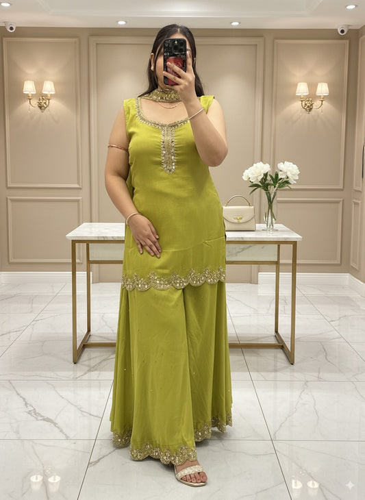 Pure Chinnon Embroidered Short Kurti Dress designs for Women with Lining & Embroidered Full Flared Divider with Strap Embroidered Dupatta