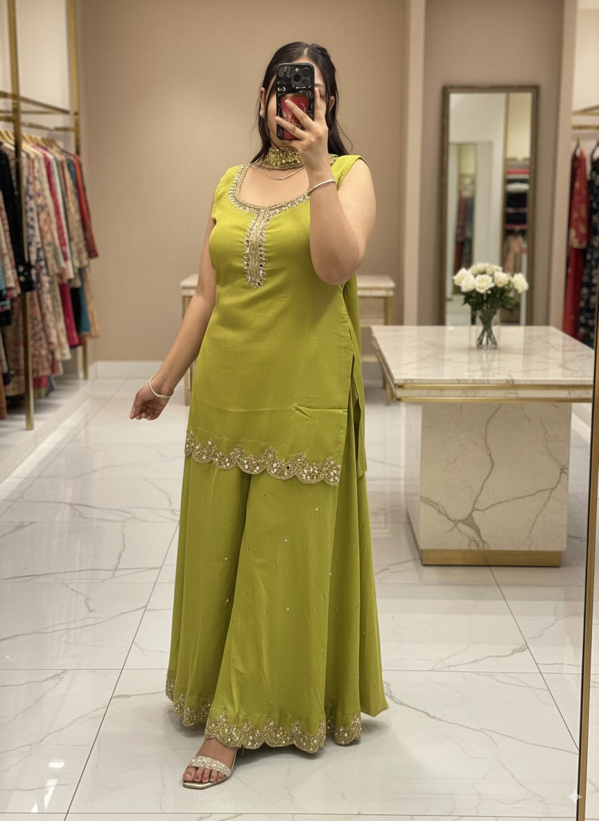 Pure Chinnon Embroidered Short Kurti Dress designs for Women with Lining & Embroidered Full Flared Divider with Strap Embroidered Dupatta