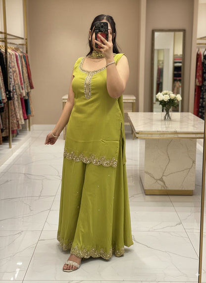 Pure Chinnon Embroidered Short Kurti Dress designs for Women with Lining & Embroidered Full Flared Divider with Strap Embroidered Dupatta