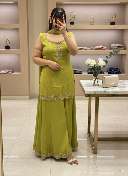 Pure Chinnon Embroidered Short Kurti Dress designs for Women with Lining & Embroidered Full Flared Divider with Strap Embroidered Dupatta