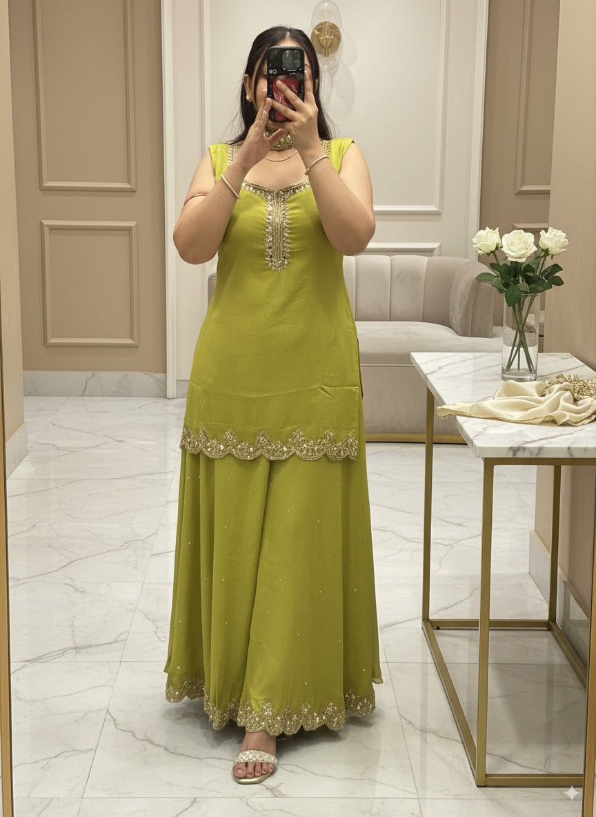 Pure Chinnon Embroidered Short Kurti Dress designs for Women with Lining & Embroidered Full Flared Divider with Strap Embroidered Dupatta