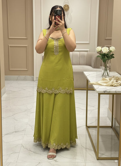 Pure Chinnon Embroidered Short Kurti Dress designs for Women with Lining & Embroidered Full Flared Divider with Strap Embroidered Dupatta