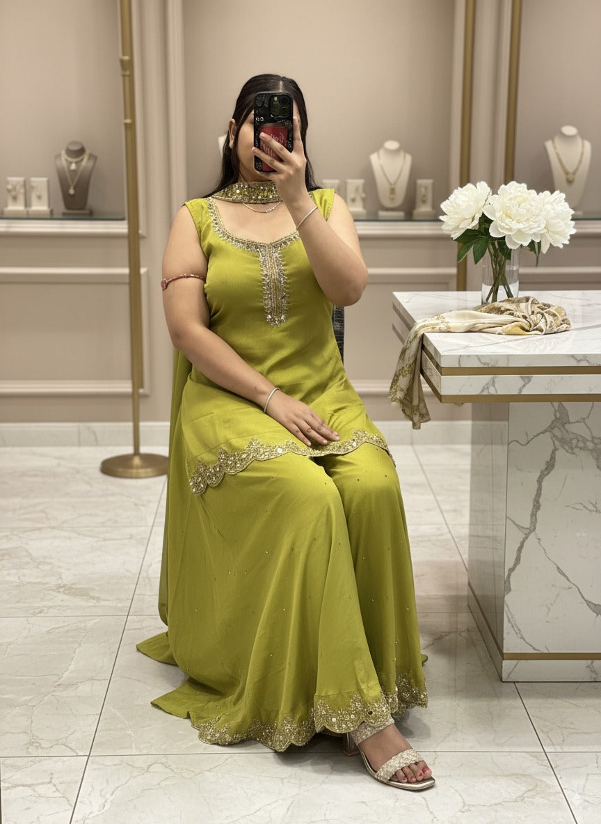 Pure Chinnon Embroidered Short Kurti Dress designs for Women with Lining & Embroidered Full Flared Divider with Strap Embroidered Dupatta
