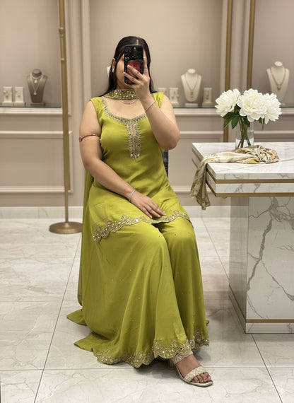 Pure Chinnon Embroidered Short Kurti Dress designs for Women with Lining & Embroidered Full Flared Divider with Strap Embroidered Dupatta
