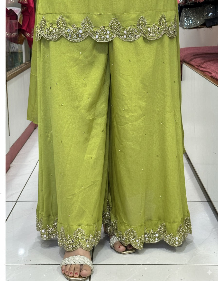 Pure Chinnon Embroidered Short Kurti Dress designs for Women with Lining & Embroidered Full Flared Divider with Strap Embroidered Dupatta