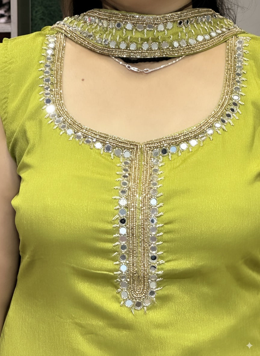 Pure Chinnon Embroidered Short Kurti Dress designs for Women with Lining & Embroidered Full Flared Divider with Strap Embroidered Dupatta