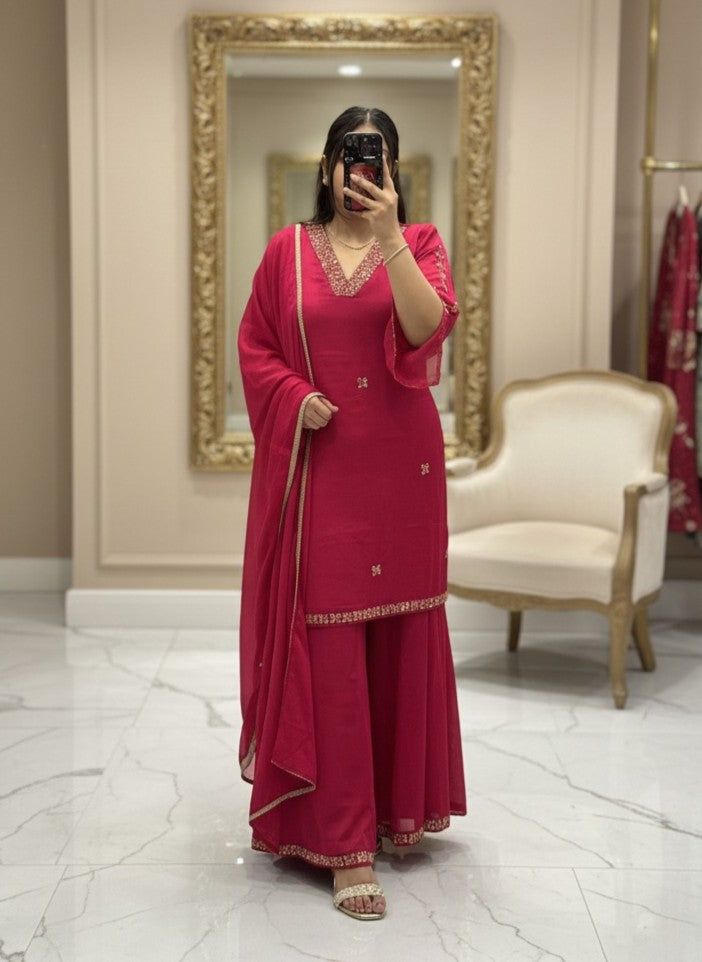 Rani colour V Neck Pure Chinnon Embroidered Short Kurti Dress with Lining & Embroidered Full Flared Divider with Full Embroidered Dupatta