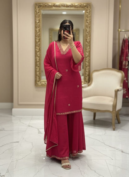 Rani colour V Neck Pure Chinnon Embroidered Short Kurti Dress with Lining & Embroidered Full Flared Divider with Full Embroidered Dupatta