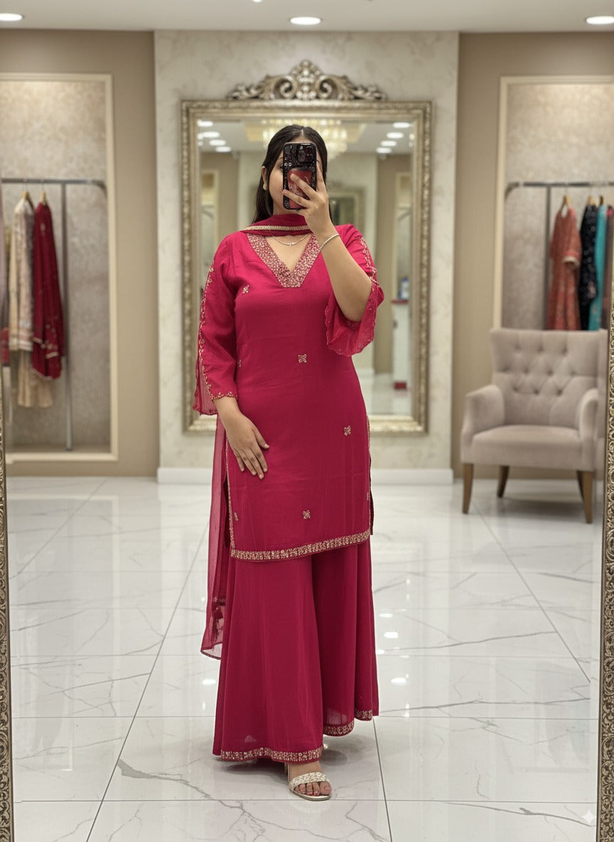 Rani colour V Neck Pure Chinnon Embroidered Short Kurti Dress with Lining & Embroidered Full Flared Divider with Full Embroidered Dupatta