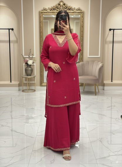 Rani colour V Neck Pure Chinnon Embroidered Short Kurti Dress with Lining & Embroidered Full Flared Divider with Full Embroidered Dupatta