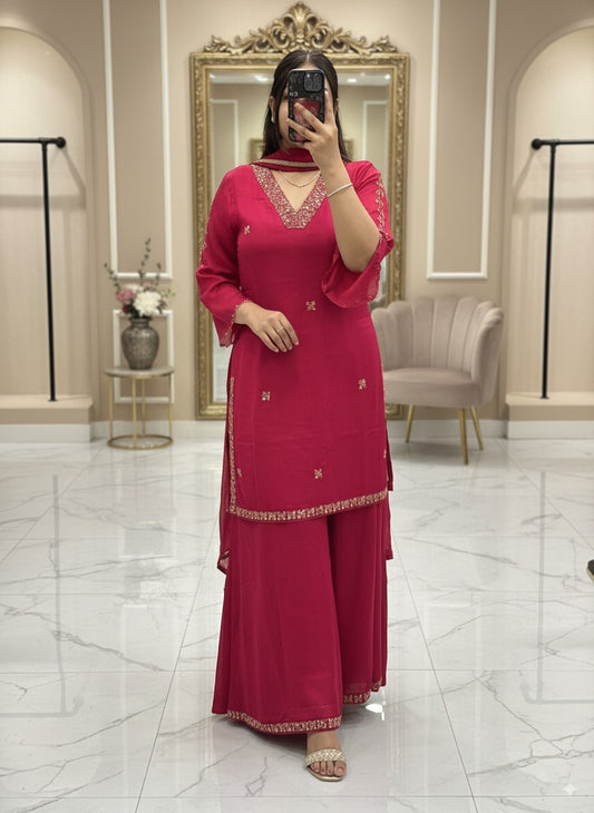 Rani colour V Neck Pure Chinnon Embroidered Short Kurti Dress with Lining & Embroidered Full Flared Divider with Full Embroidered Dupatta