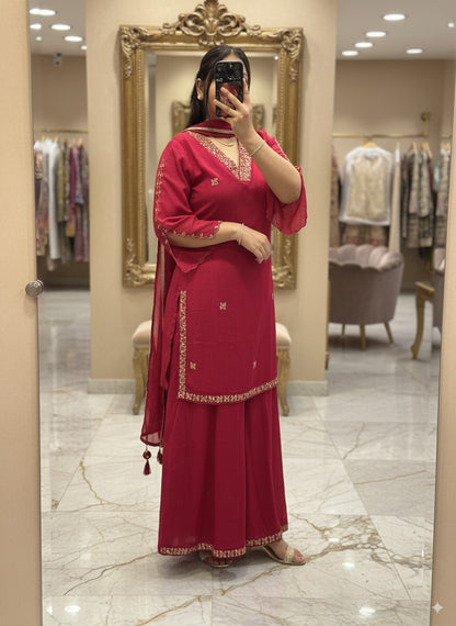 Rani colour V Neck Pure Chinnon Embroidered Short Kurti Dress with Lining & Embroidered Full Flared Divider with Full Embroidered Dupatta