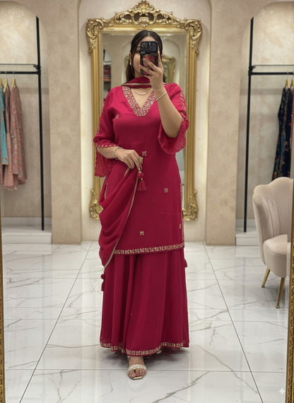 Rani colour V Neck Pure Chinnon Embroidered Short Kurti Dress with Lining & Embroidered Full Flared Divider with Full Embroidered Dupatta