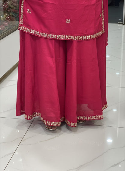 Rani colour V Neck Pure Chinnon Embroidered Short Kurti Dress with Lining & Embroidered Full Flared Divider with Full Embroidered Dupatta