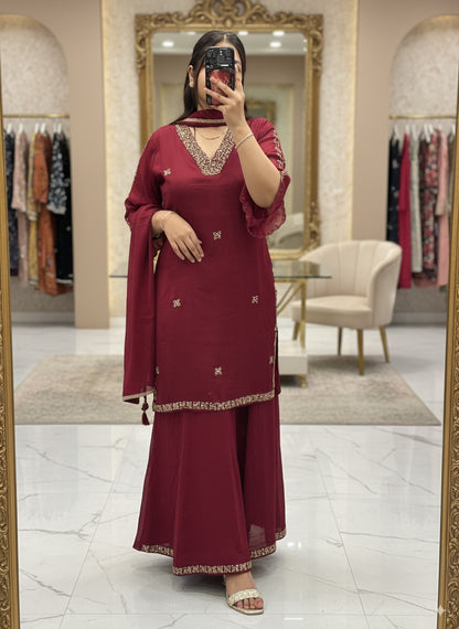 Mehroon colour V Neck Pure Chinnon Embroidered Short Kurti Dress with Lining & Embroidered Full Flared Divider with Full Embroidered Dupatta