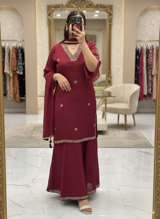 Mehroon colour V Neck Pure Chinnon Embroidered Short Kurti Dress with Lining & Embroidered Full Flared Divider with Full Embroidered Dupatta