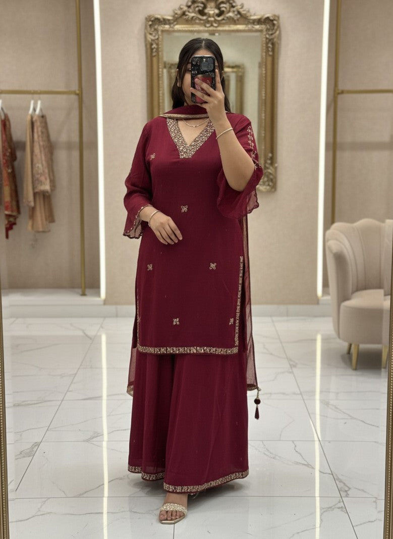 Mehroon colour V Neck Pure Chinnon Embroidered Short Kurti Dress with Lining & Embroidered Full Flared Divider with Full Embroidered Dupatta
