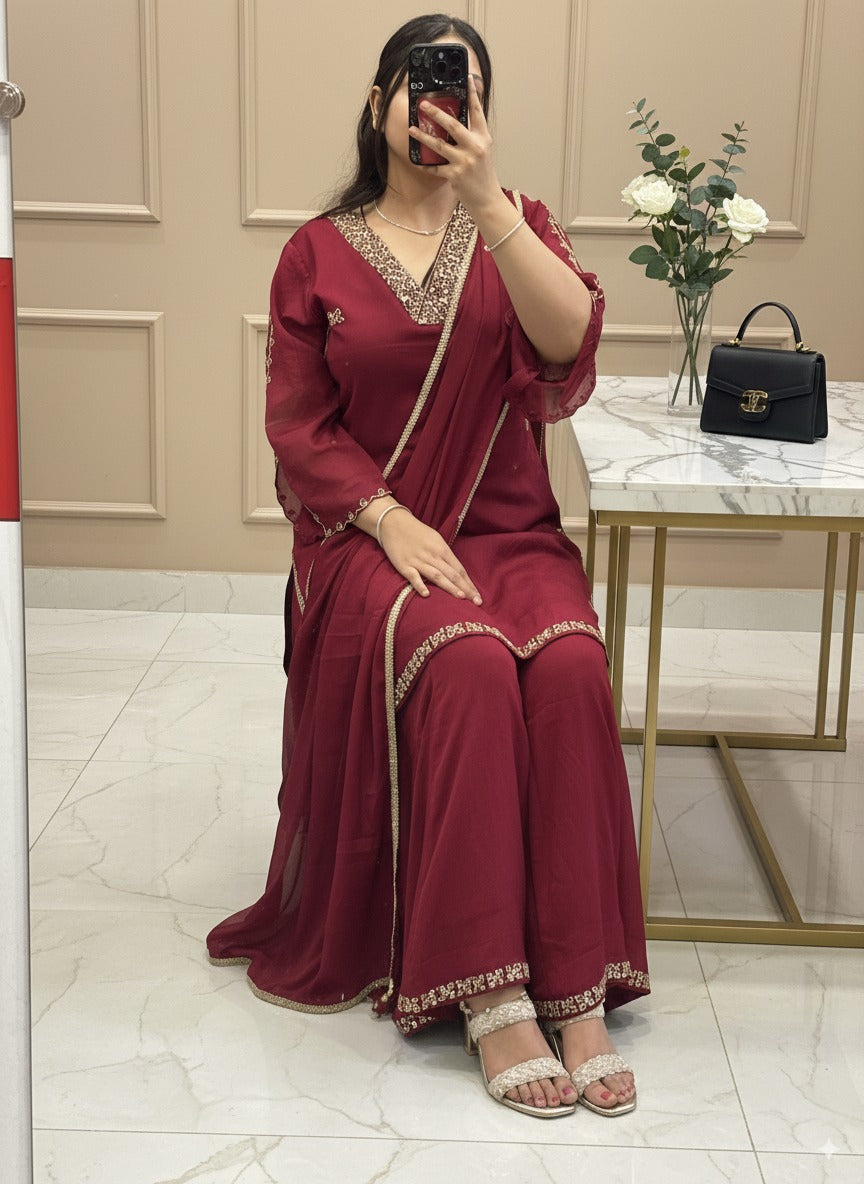 Mehroon colour V Neck Pure Chinnon Embroidered Short Kurti Dress with Lining & Embroidered Full Flared Divider with Full Embroidered Dupatta