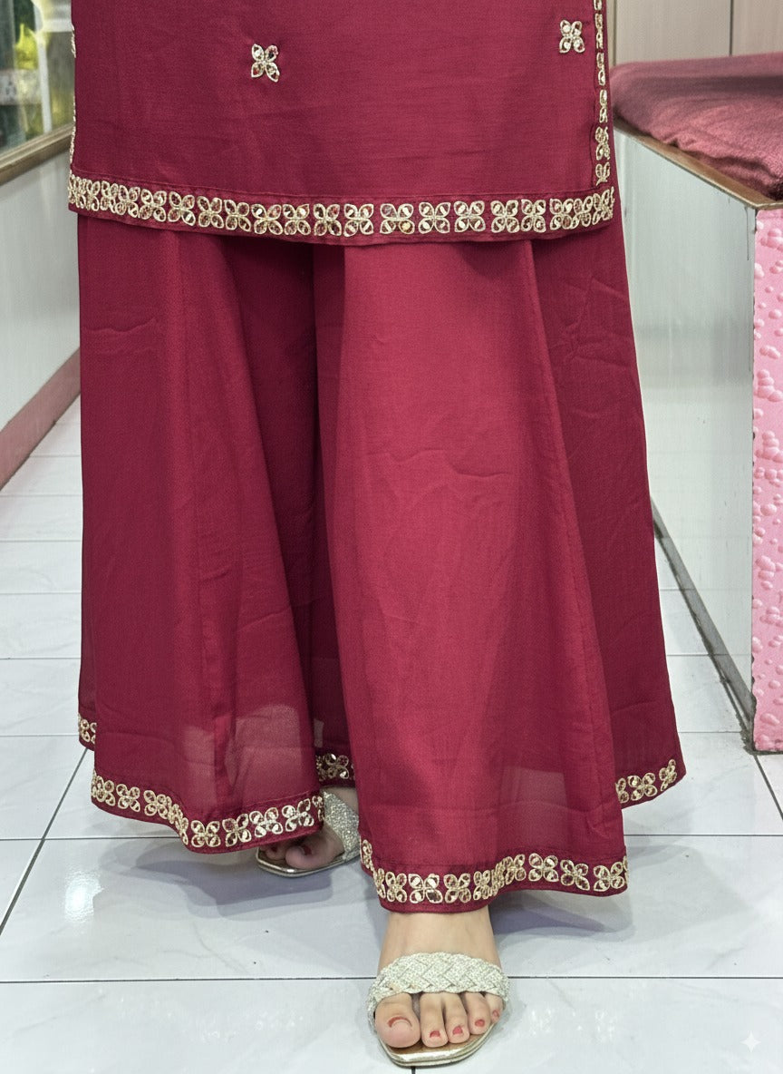 Mehroon colour V Neck Pure Chinnon Embroidered Short Kurti Dress with Lining & Embroidered Full Flared Divider with Full Embroidered Dupatta
