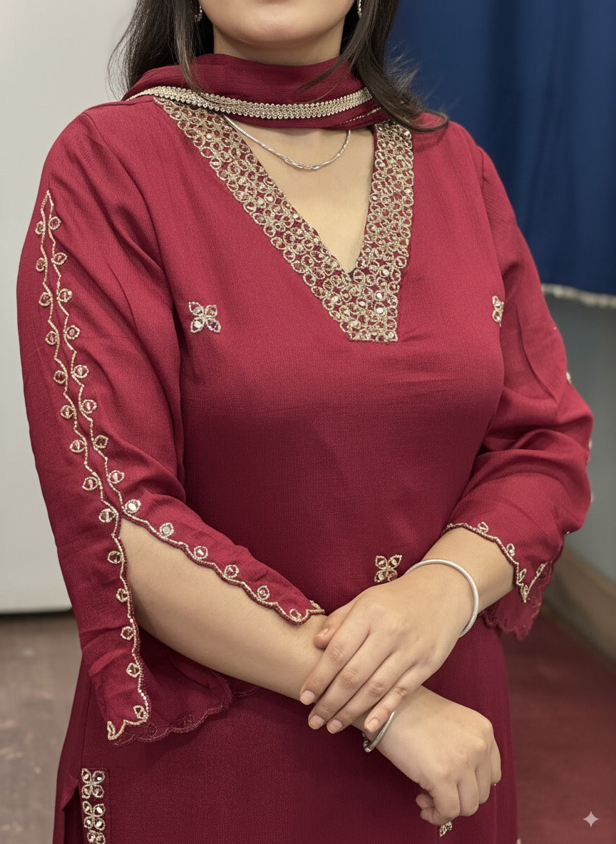 Mehroon colour V Neck Pure Chinnon Embroidered Short Kurti Dress with Lining & Embroidered Full Flared Divider with Full Embroidered Dupatta