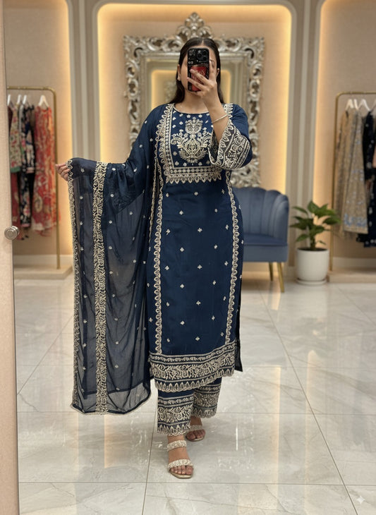 Peacock Blue Premium Pure Chinnon Embroidered Pakistani Suit with Designer Sleeves and Embroidered Plazo Along Side Full Pure Chinnon Embroidered Dupatta