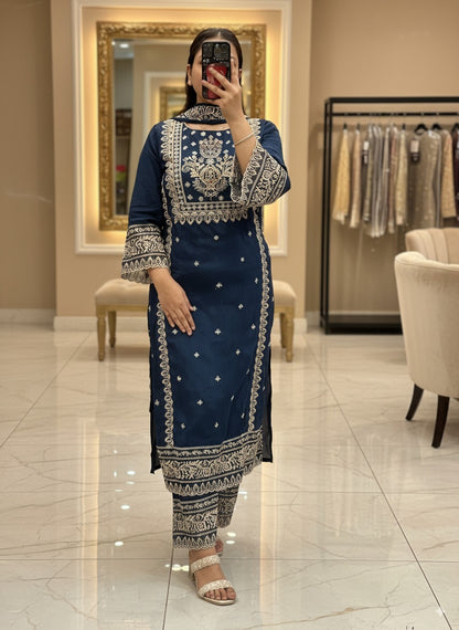 Peacock Blue Premium Pure Chinnon Embroidered Pakistani Suit with Designer Sleeves and Embroidered Plazo Along Side Full Pure Chinnon Embroidered Dupatta