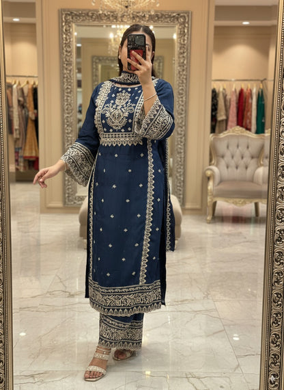 Peacock Blue Premium Pure Chinnon Embroidered Pakistani Suit with Designer Sleeves and Embroidered Plazo Along Side Full Pure Chinnon Embroidered Dupatta