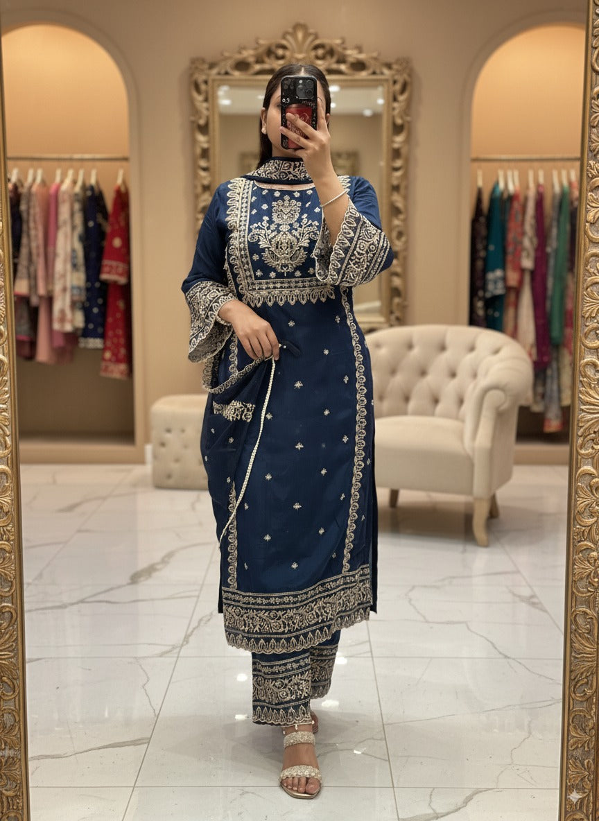 Peacock Blue Premium Pure Chinnon Embroidered Pakistani Suit with Designer Sleeves and Embroidered Plazo Along Side Full Pure Chinnon Embroidered Dupatta