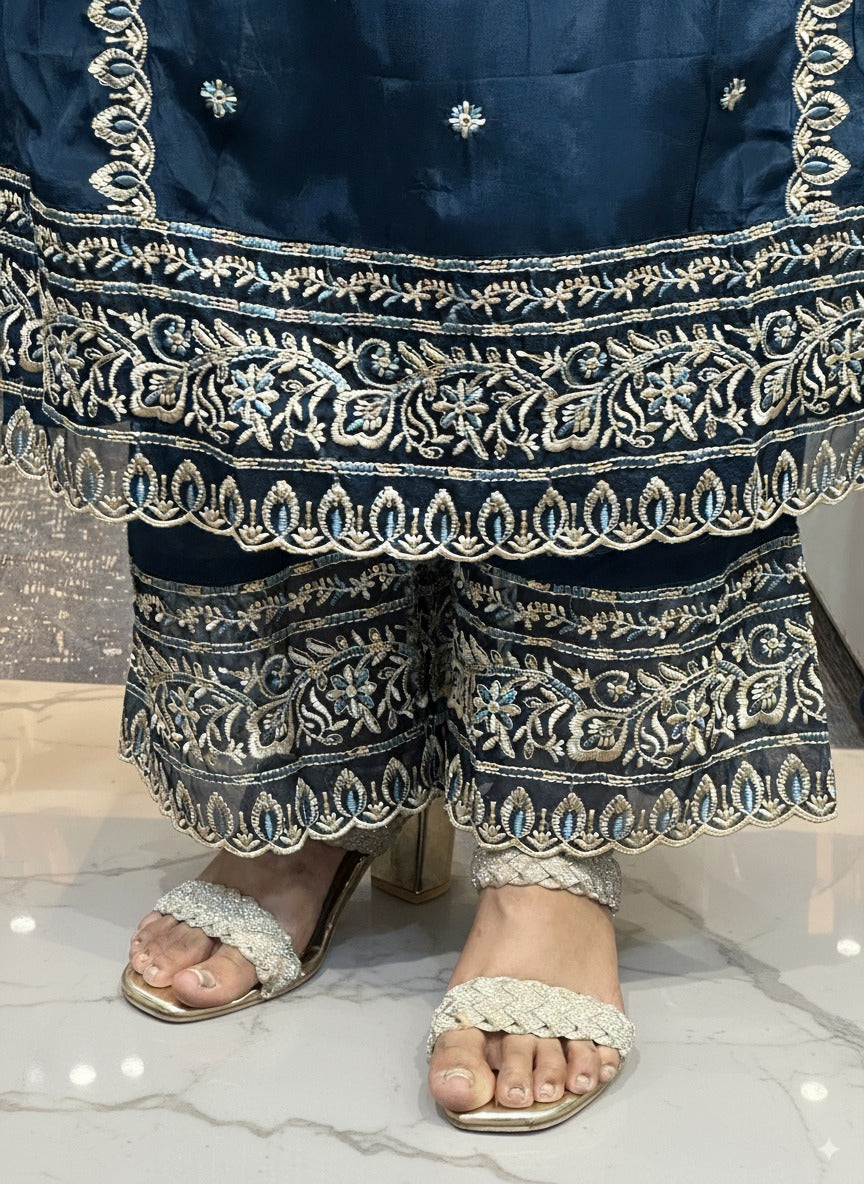 Peacock Blue Premium Pure Chinnon Embroidered Pakistani Suit with Designer Sleeves and Embroidered Plazo Along Side Full Pure Chinnon Embroidered Dupatta