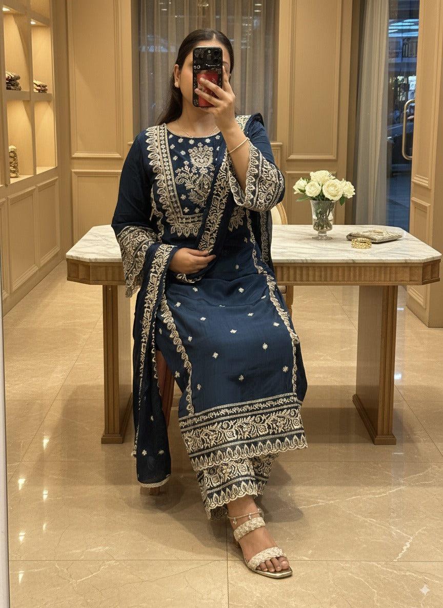 Peacock Blue Premium Pure Chinnon Embroidered Pakistani Suit with Designer Sleeves and Embroidered Plazo Along Side Full Pure Chinnon Embroidered Dupatta