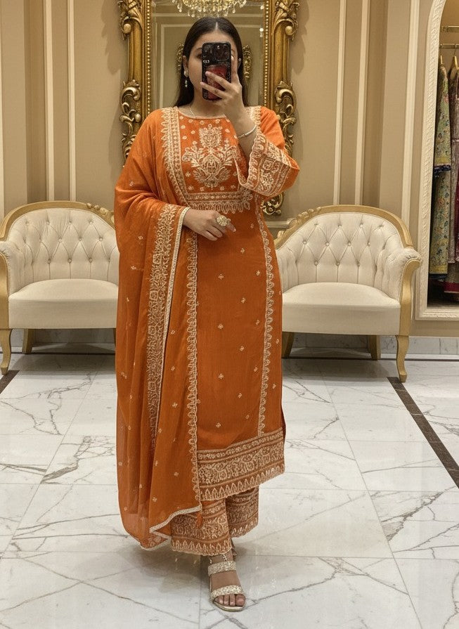 Rust Premium Pure Chinnon Embroidered Pakistani Suit with Designer Sleeves and Embroidered Plazo Along Side Full Pure Chinnon Embroidered Dupatta