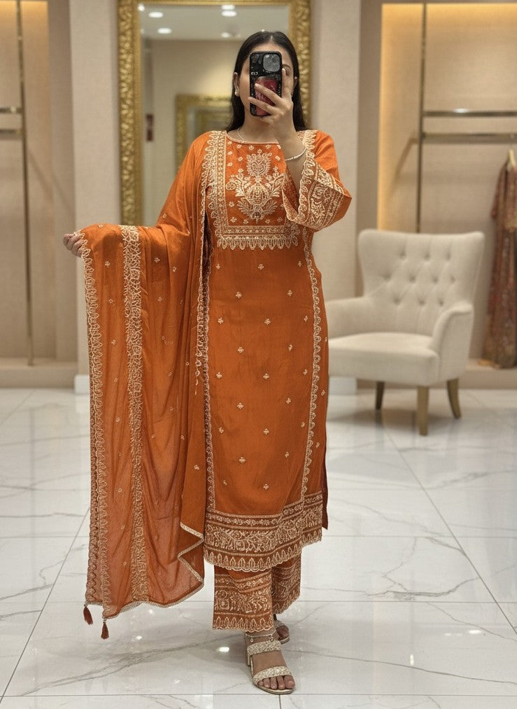 Rust Premium Pure Chinnon Embroidered Pakistani Suit with Designer Sleeves and Embroidered Plazo Along Side Full Pure Chinnon Embroidered Dupatta